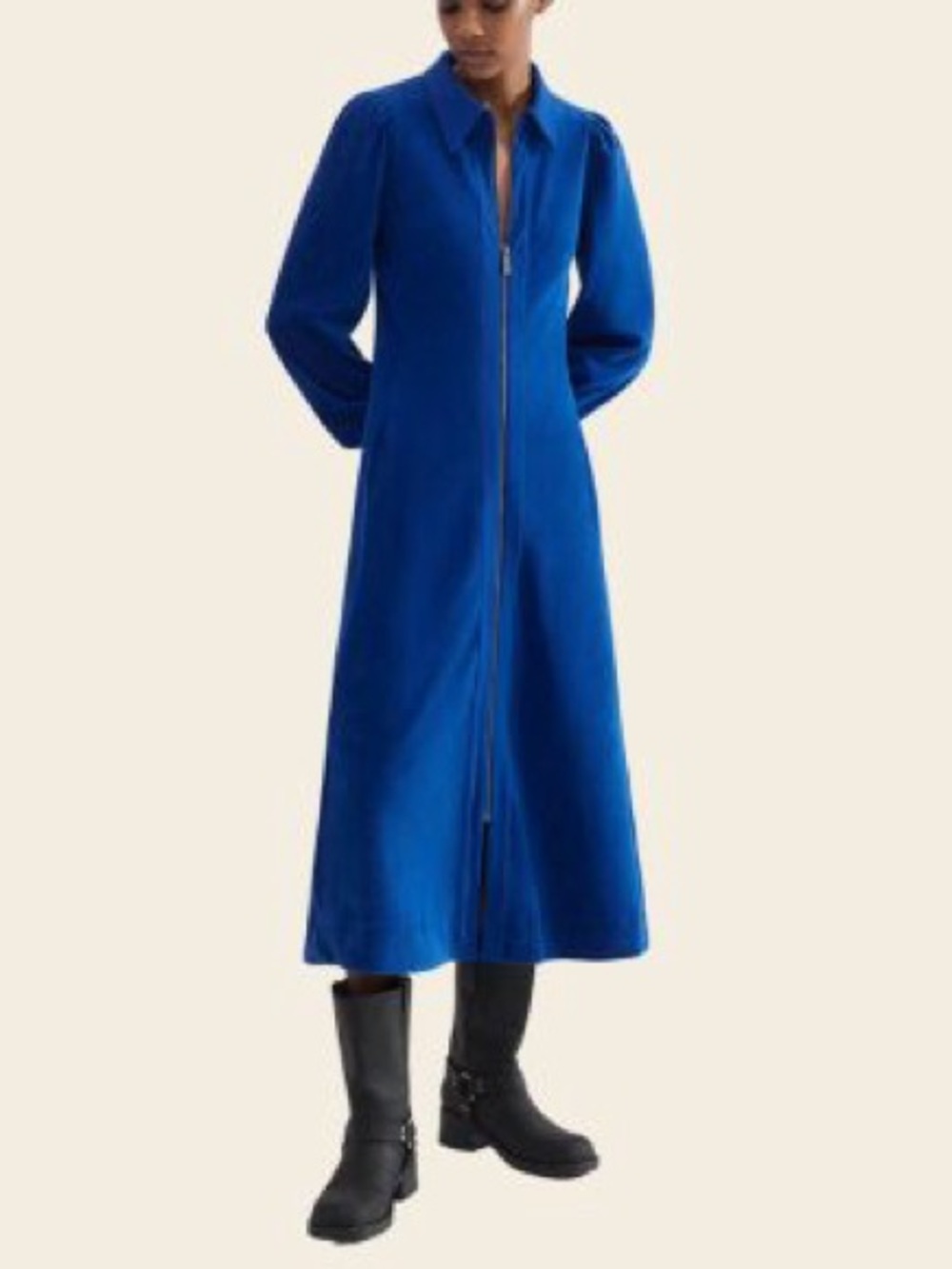 ME+EM's Blue Cord Velour + Ponte Midi Shirt Dress